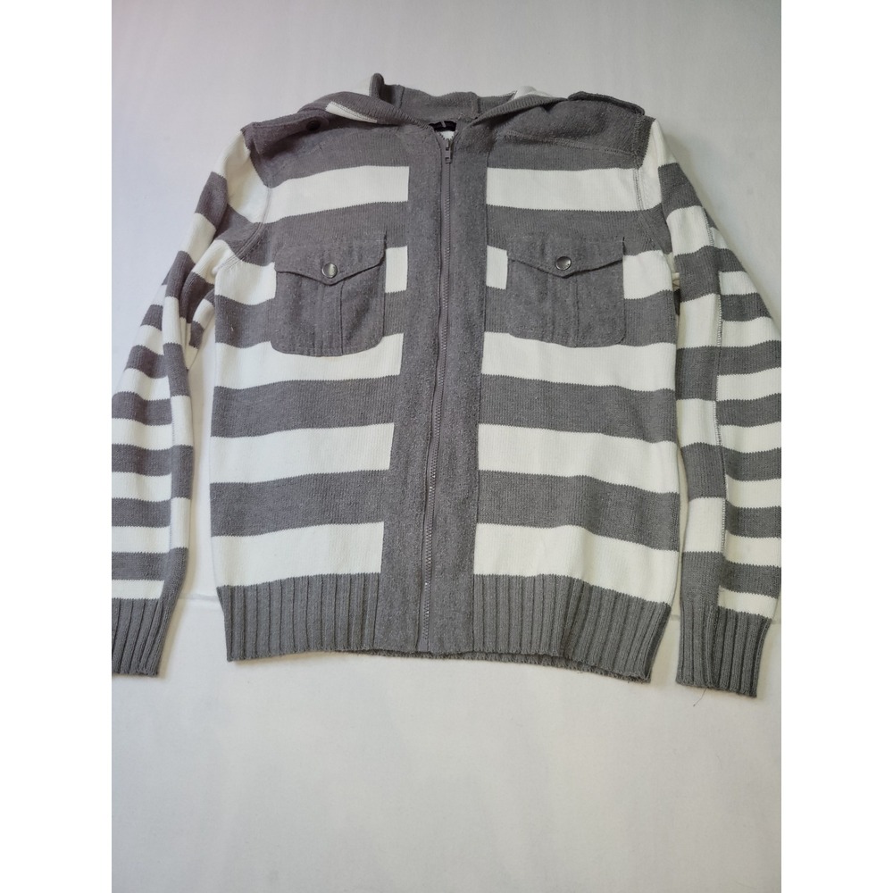 Paper Denim & Cloth Mens Gray White Striped Full Zip Hooded Sweater Large 2218